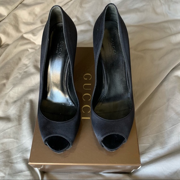 Gucci Shoes 39 Heels Peeptoe Raso Seta Nero 600 - Picture 4 of 13